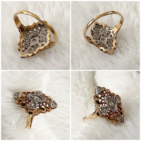 Vintage 14K Solid Gold Filigree Diamond Navette Ring Art Deco Revival Sz 4.75 - Picture 13 of 15